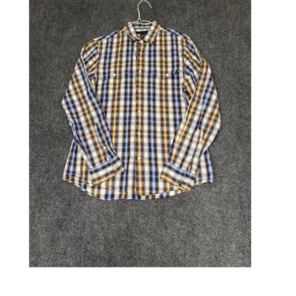 Perry Ellis Button Down Shirt Mens Medium Blue Brown Plaid Slim Fit Long Sleeve